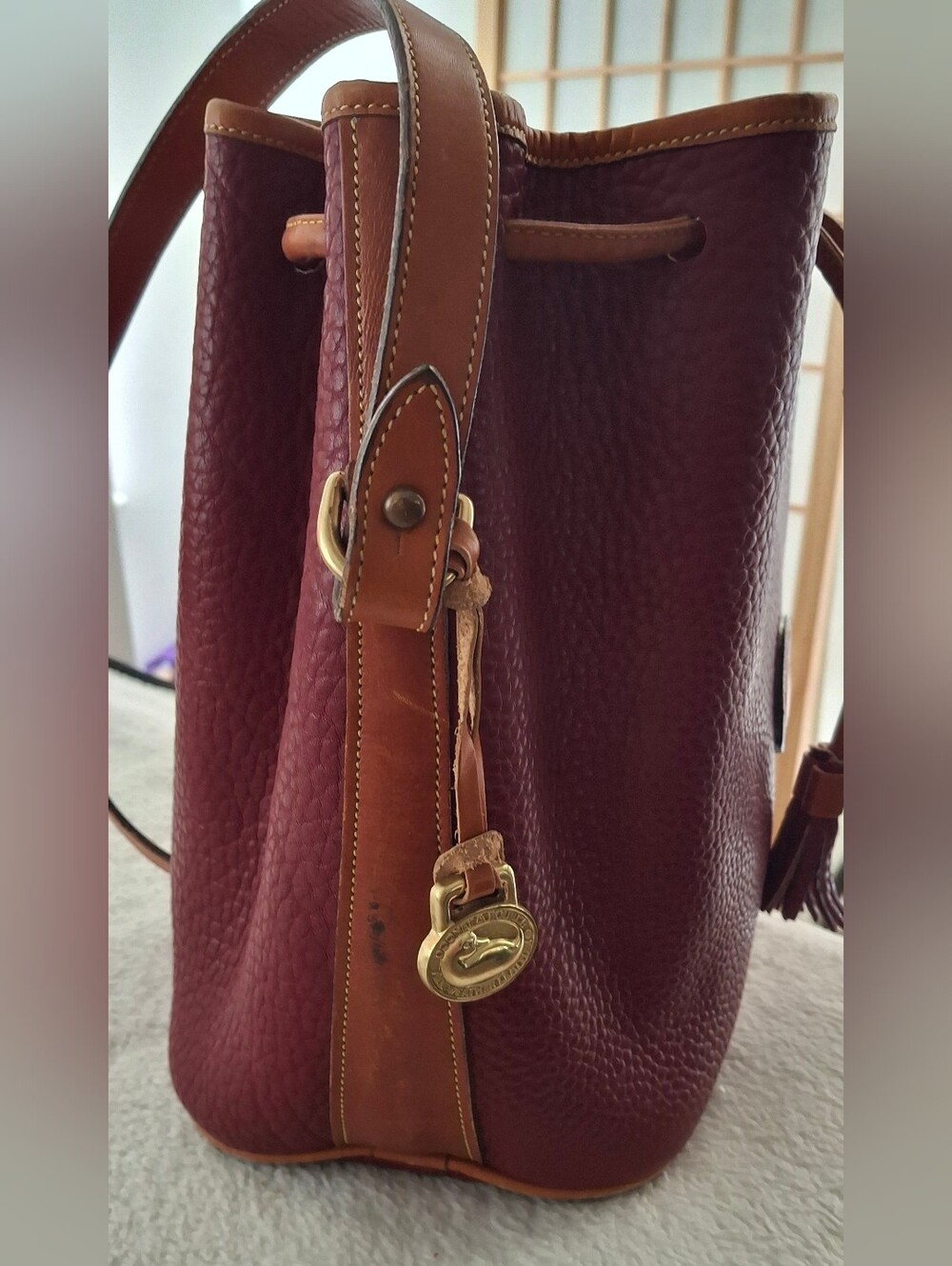 Dooney & Bourke Burgundy and Brown Pebbled Leather Drawstring Shoulder Bag - Picture 4 of 10